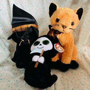 Vintage Ty Halloween Plush Lot Of 3 Stuffed Animals Cats Grimm Scared E Cat